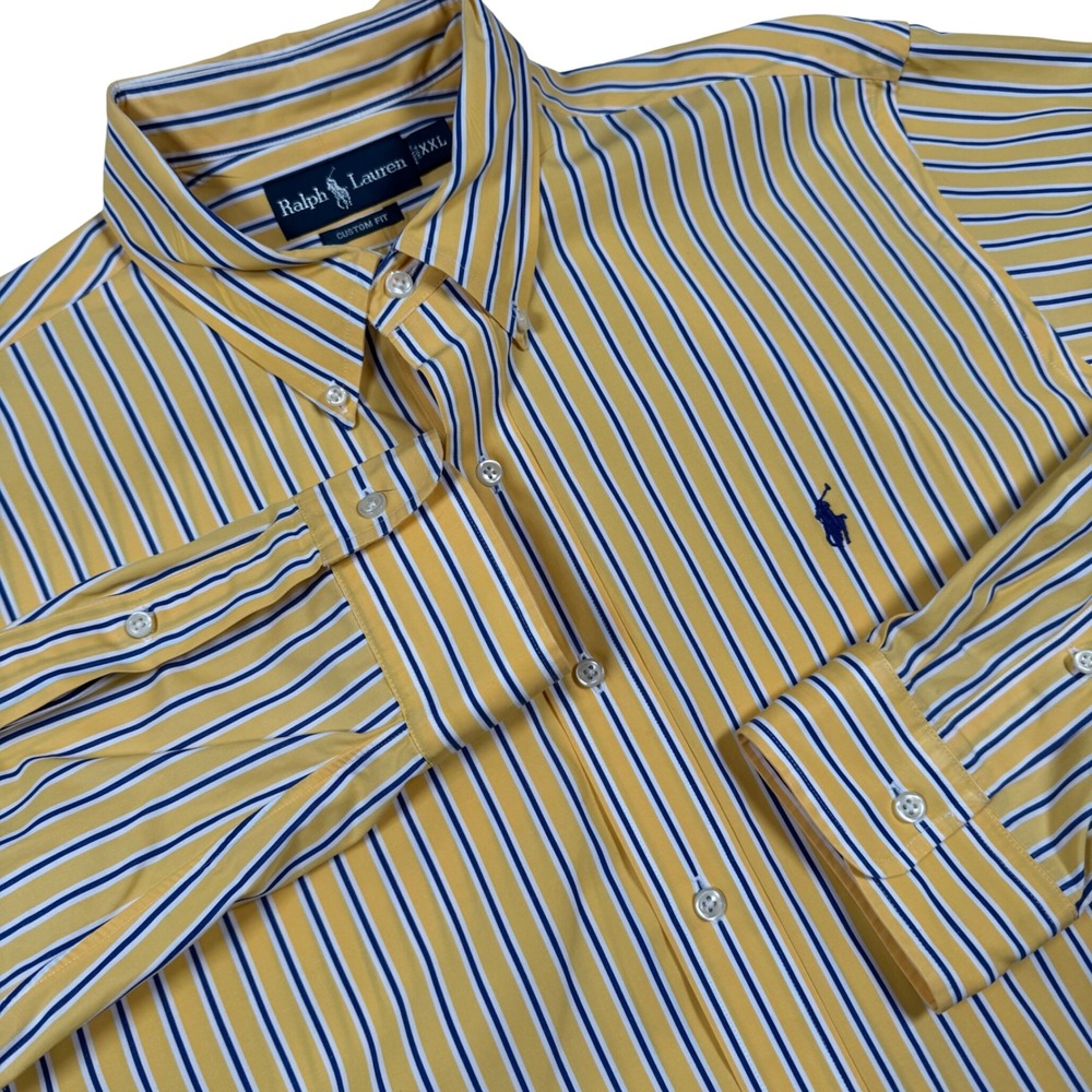 Ralph Lauren Button Down Shirt Men XXL Yellow Striped Custom Fit Preppy Pony